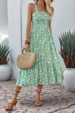 Preto Flores Pescoço Quadrado Midi Vestido de Verão