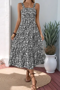 Preto Flores Pescoço Quadrado Midi Vestido de Verão