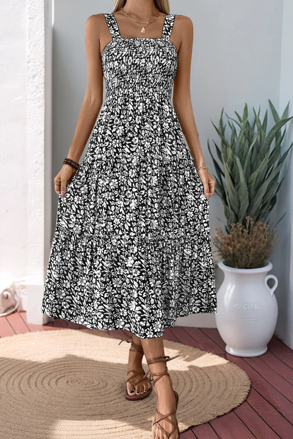 Preto Flores Pescoço Quadrado Midi Vestido de Verão
