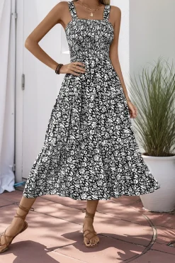 Preto Flores Pescoço Quadrado Midi Vestido de Verão