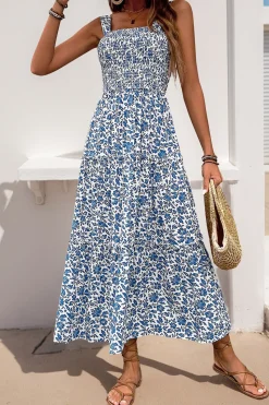 Preto Flores Pescoço Quadrado Midi Vestido de Verão
