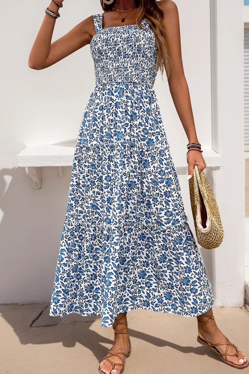 Preto Flores Pescoço Quadrado Midi Vestido de Verão