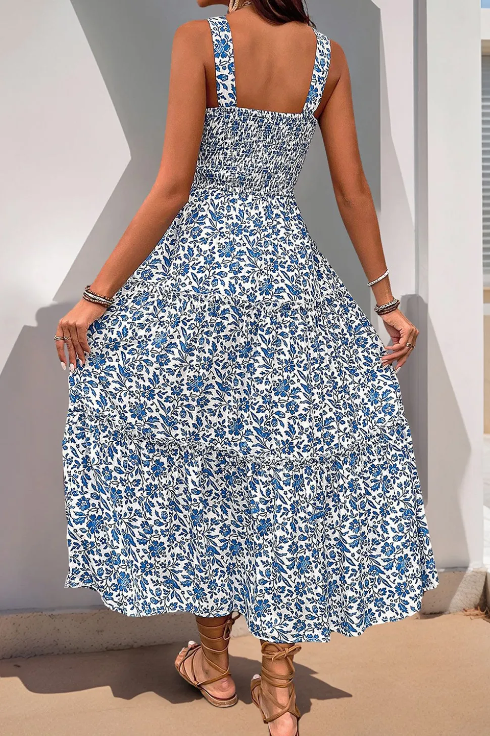 Preto Flores Pescoço Quadrado Midi Vestido de Verão