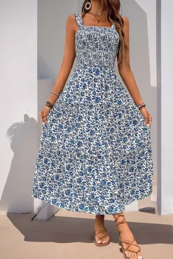 Preto Flores Pescoço Quadrado Midi Vestido de Verão