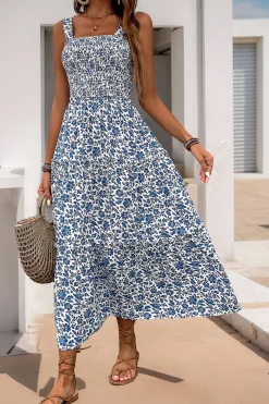 Preto Flores Pescoço Quadrado Midi Vestido de Verão