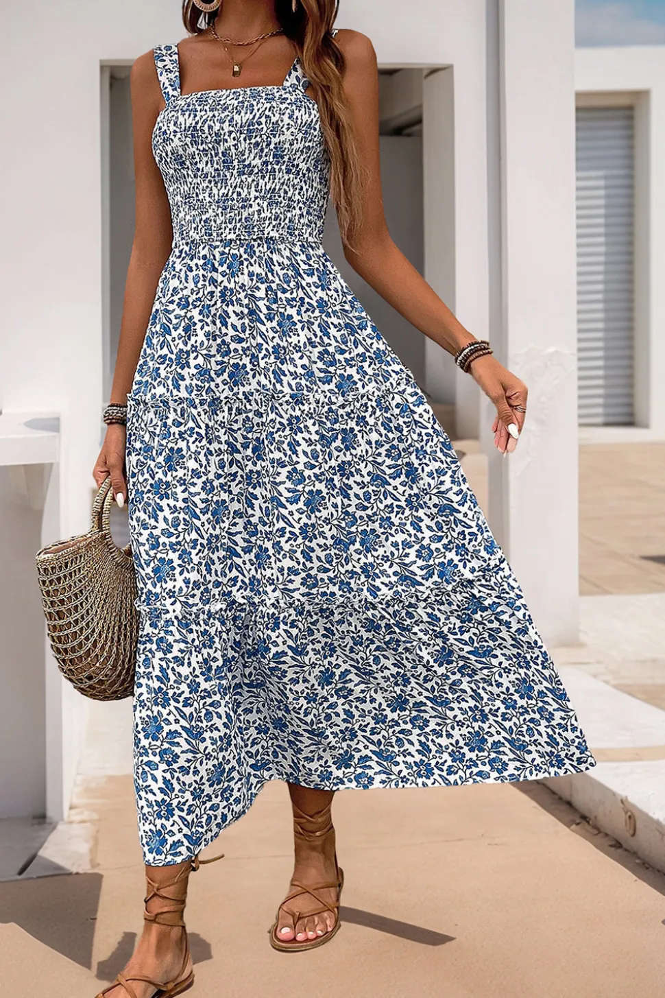 Preto Flores Pescoço Quadrado Midi Vestido de Verão