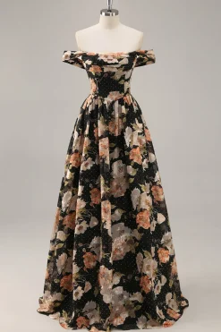 Preto Flores Sem Ombros Linha-A Longos Vestido Para Casamento Convidada