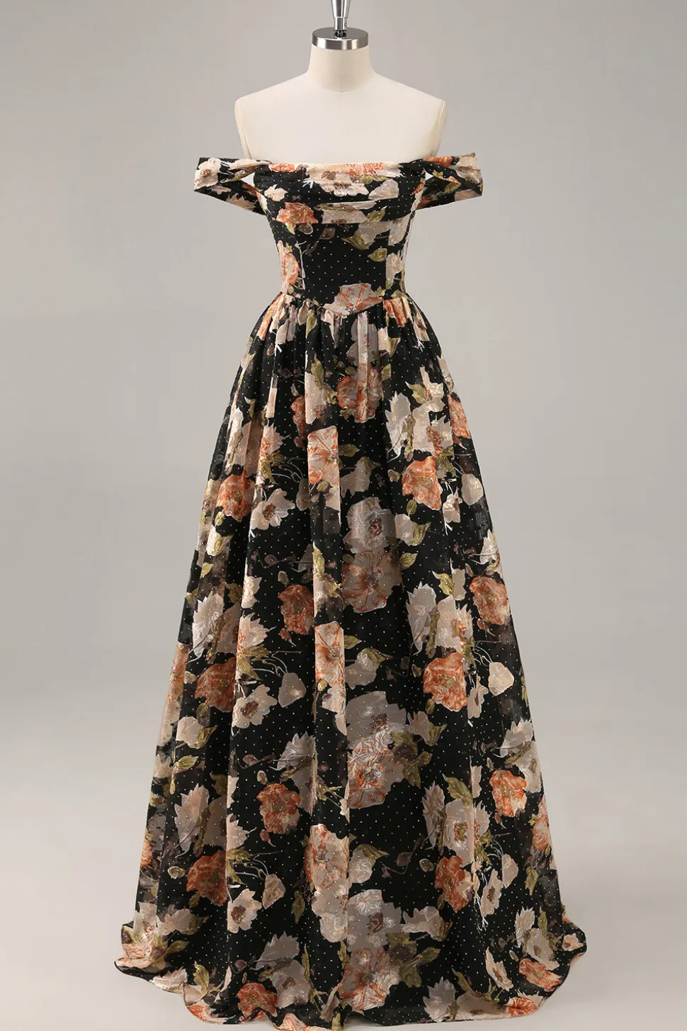 Preto Flores Sem Ombros Linha-A Longos Vestido Para Casamento Convidada