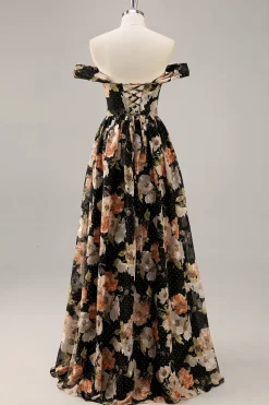 Preto Flores Sem Ombros Linha-A Longos Vestido Para Casamento Convidada