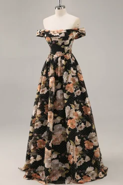 Preto Flores Sem Ombros Linha-A Longos Vestido Para Casamento Convidada