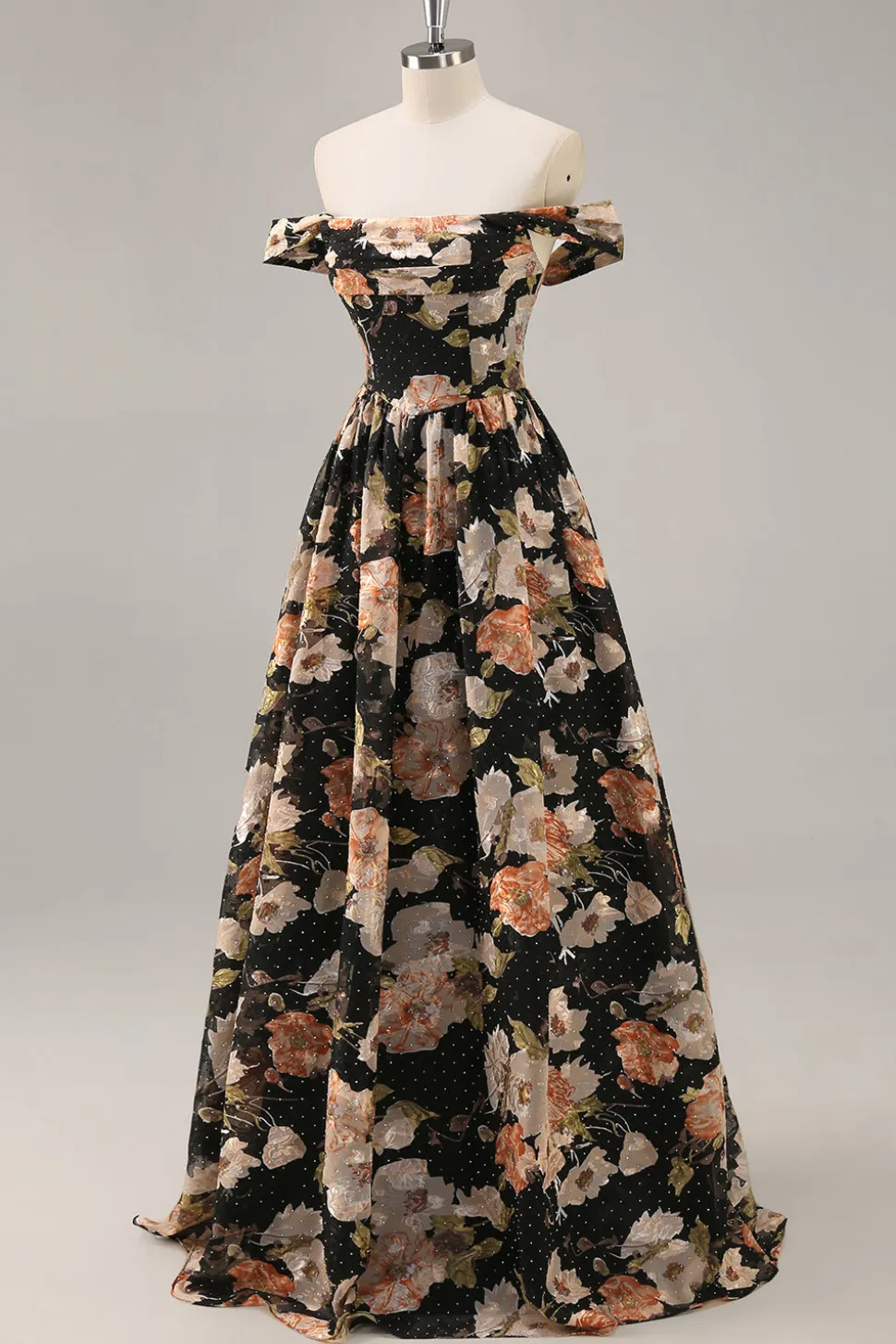 Preto Flores Sem Ombros Linha-A Longos Vestido Para Casamento Convidada