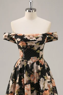 Preto Flores Sem Ombros Linha-A Longos Vestido Para Casamento Convidada