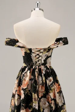 Preto Flores Sem Ombros Linha-A Longos Vestido Para Casamento Convidada