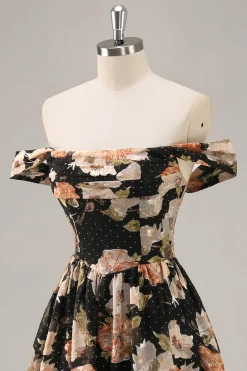 Preto Flores Sem Ombros Linha-A Longos Vestido Para Casamento Convidada