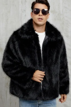 Preto Fofo Faux Fur Curto Casaco Masculino de inverno