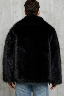 Preto Fofo Faux Fur Curto Casaco Masculino de inverno