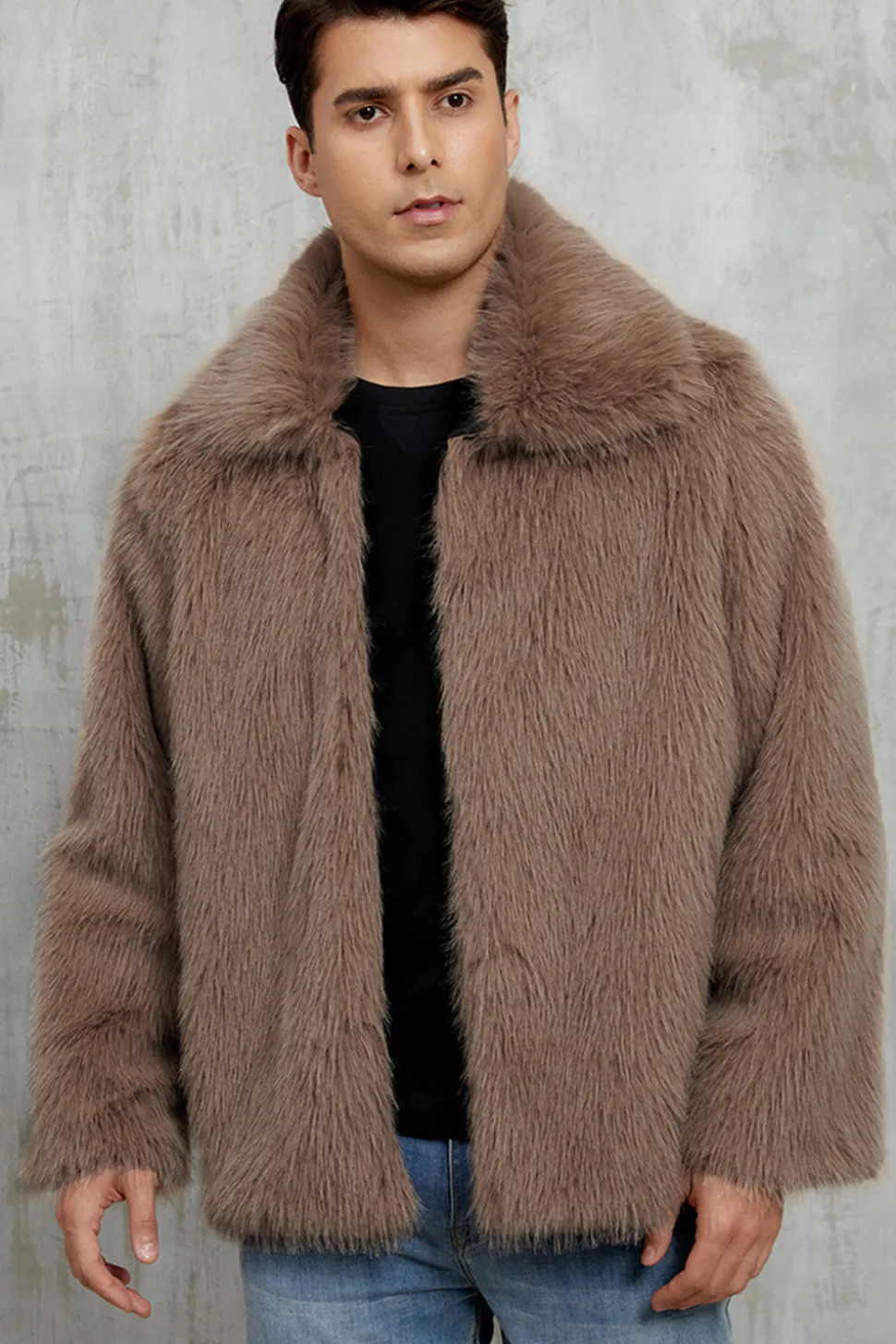 Preto Fofo Faux Fur Curto Casaco Masculino de inverno