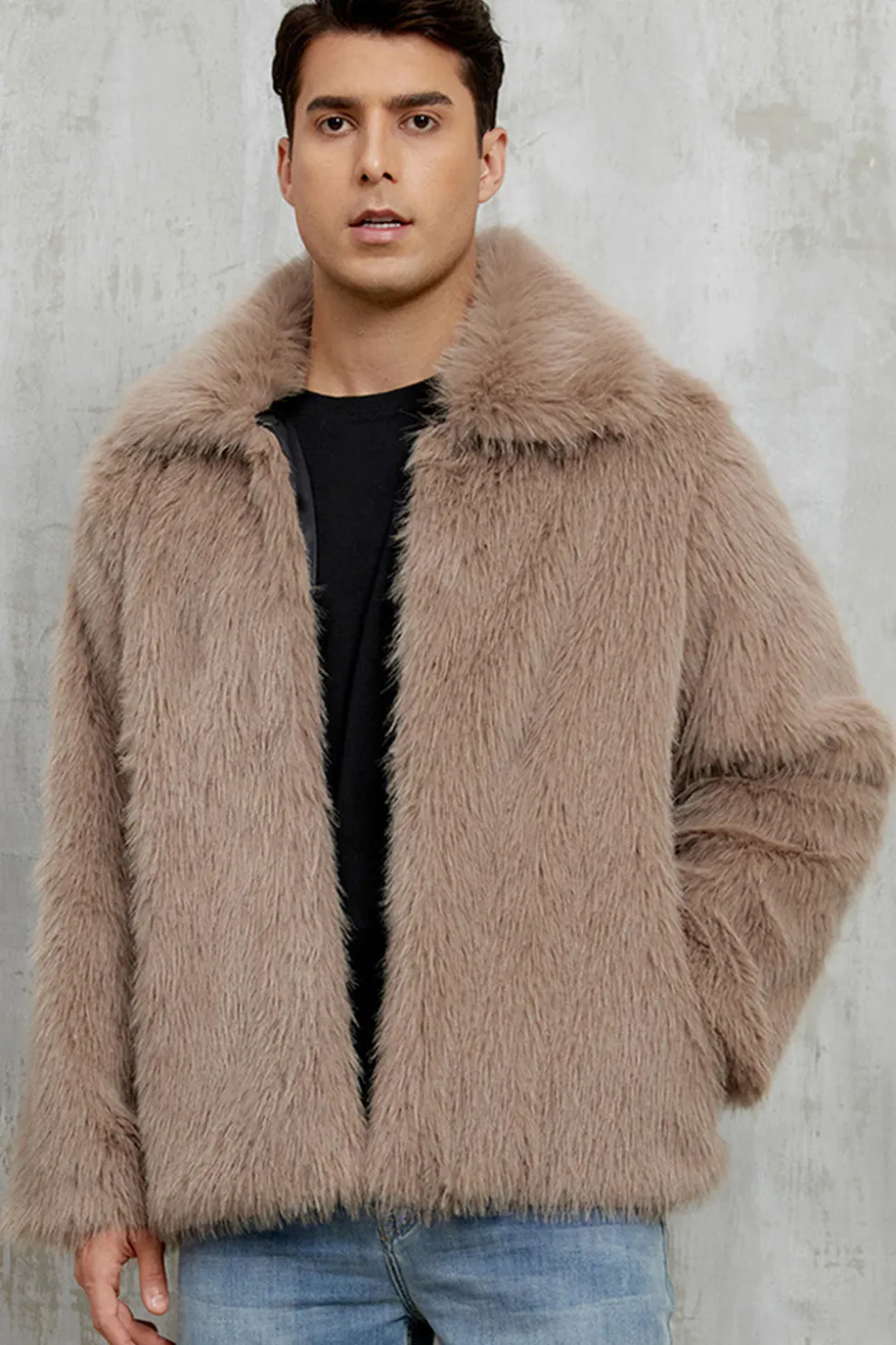 Preto Fofo Faux Fur Curto Casaco Masculino de inverno