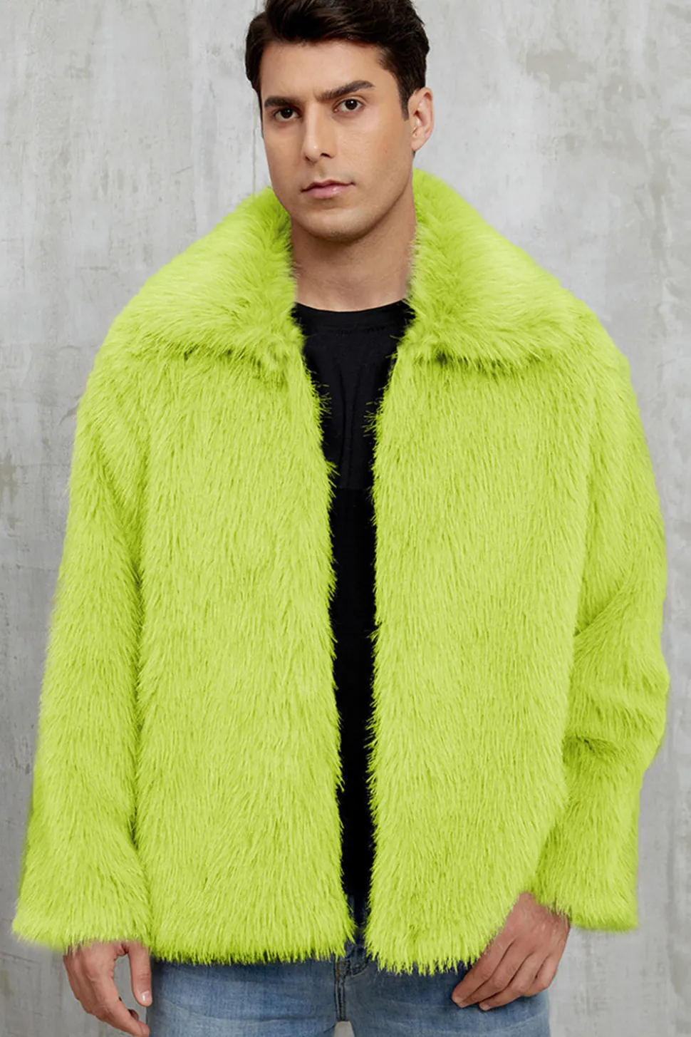 Preto Fofo Faux Fur Curto Casaco Masculino de inverno