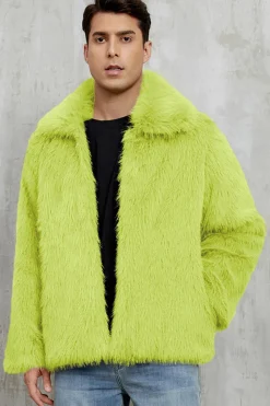 Preto Fofo Faux Fur Curto Casaco Masculino de inverno