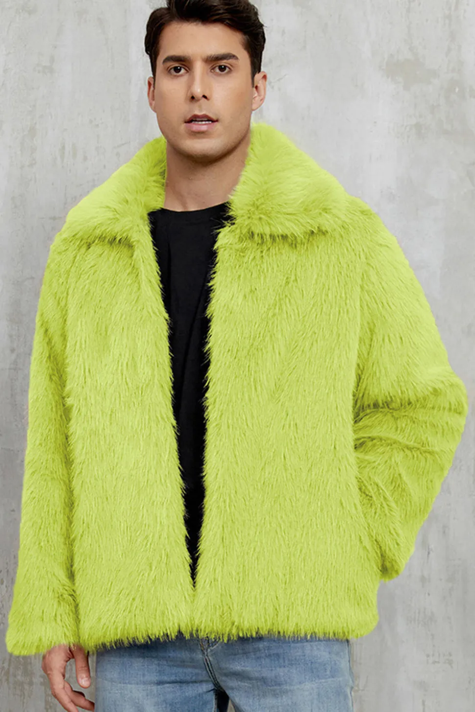 Preto Fofo Faux Fur Curto Casaco Masculino de inverno