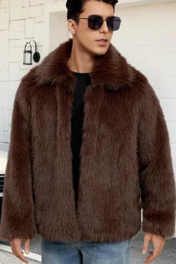 Preto Fofo Faux Fur Curto Casaco Masculino de inverno