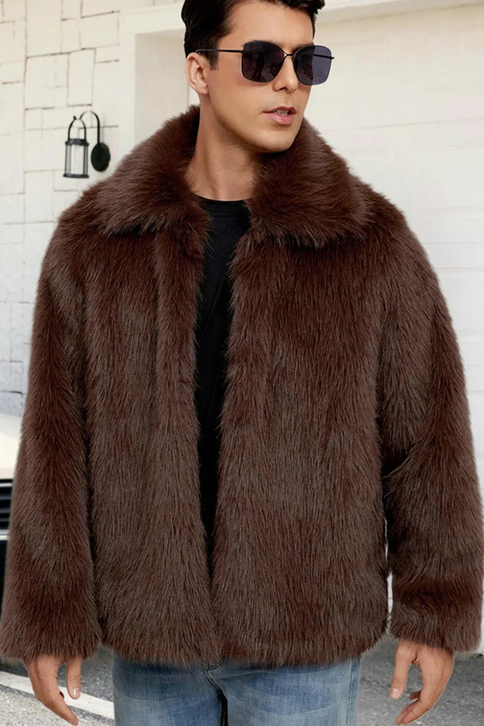 Preto Fofo Faux Fur Curto Casaco Masculino de inverno