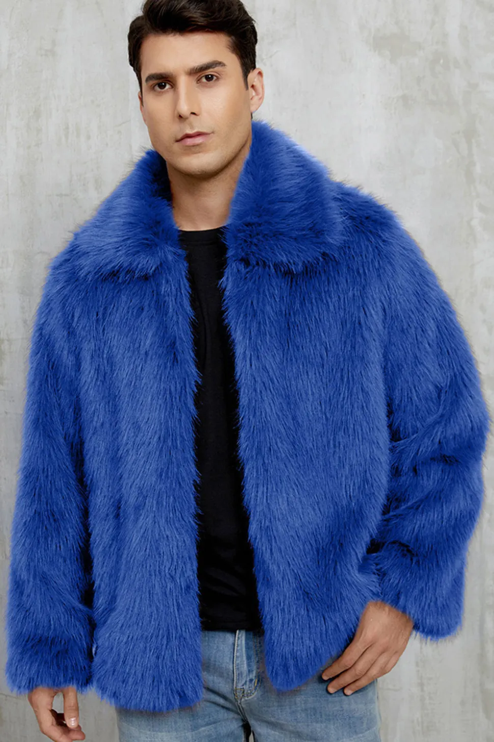 Preto Fofo Faux Fur Curto Casaco Masculino de inverno