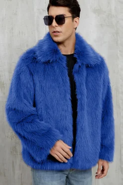 Preto Fofo Faux Fur Curto Casaco Masculino de inverno