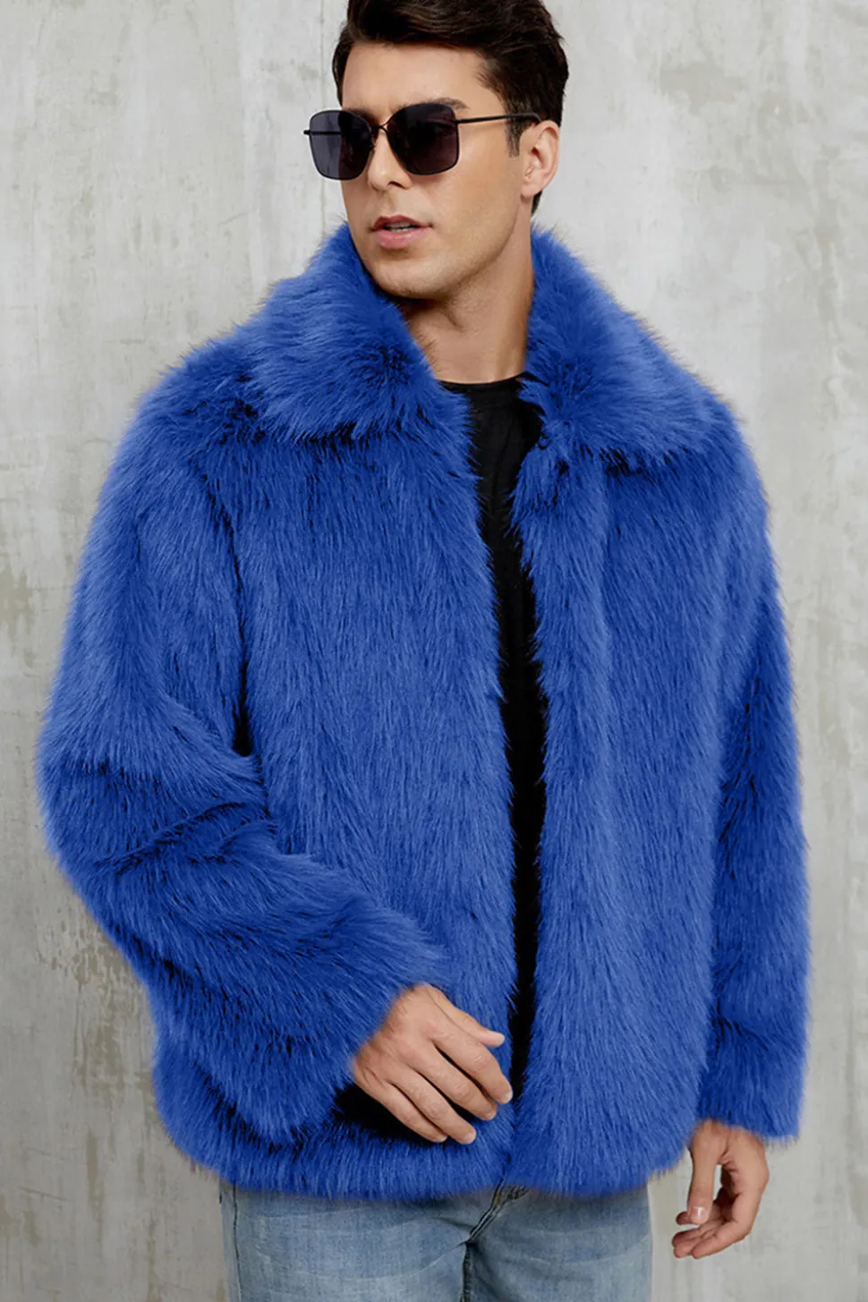 Preto Fofo Faux Fur Curto Casaco Masculino de inverno