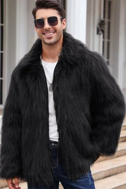 Preto Fofo Faux Fur inverno Casaco Masculino