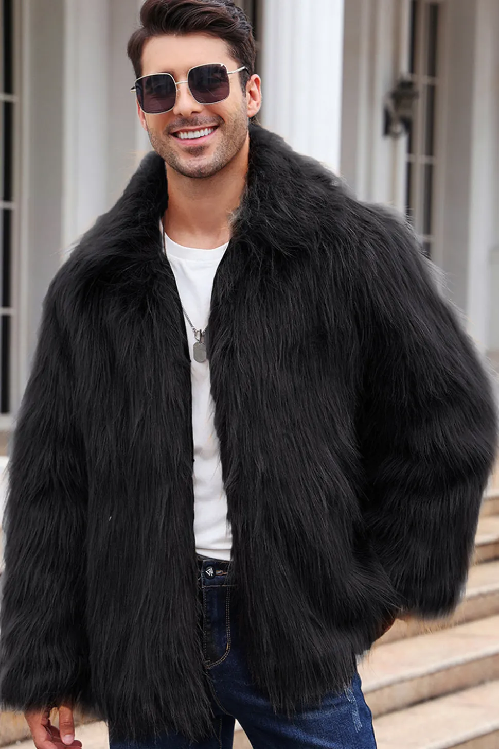 Preto Fofo Faux Fur inverno Casaco Masculino