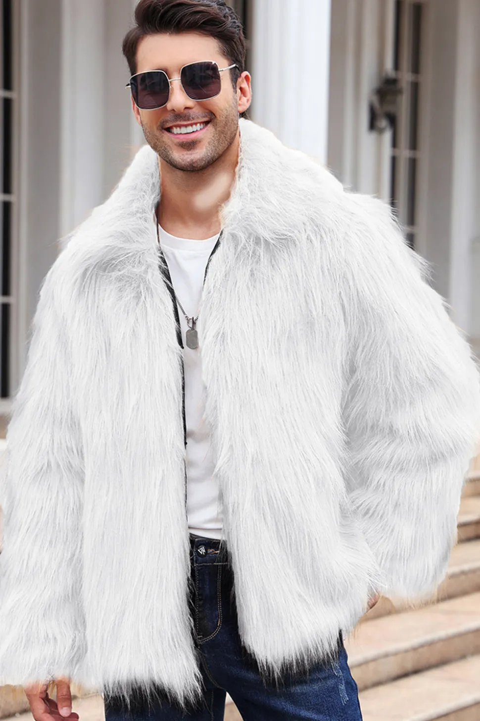 Preto Fofo Faux Fur inverno Casaco Masculino