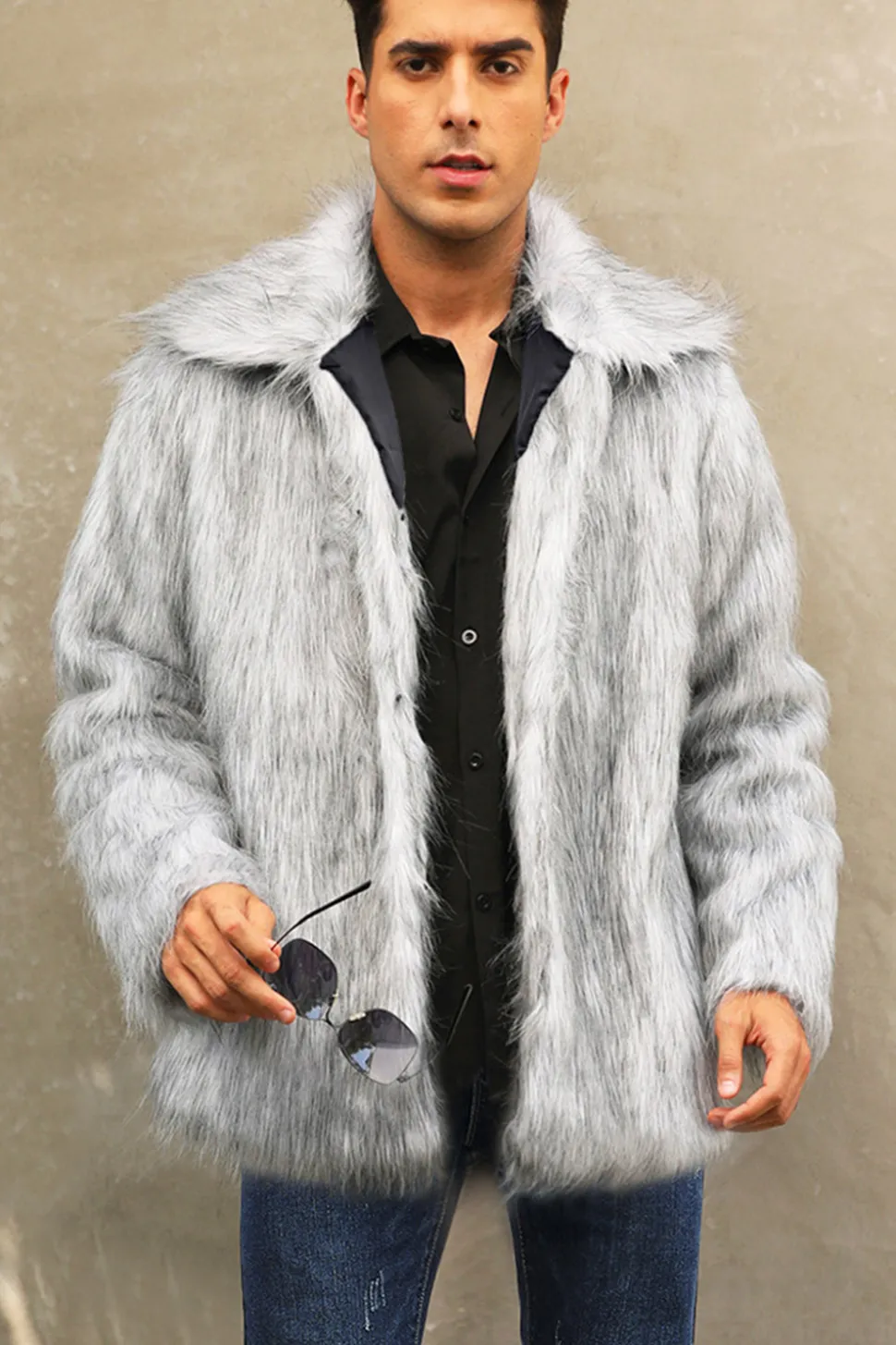 Preto Fofo Faux Fur inverno Casaco Masculino