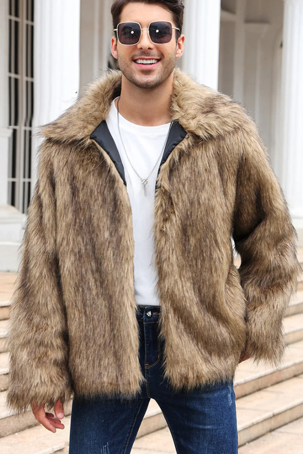 Preto Fofo Faux Fur inverno Casaco Masculino