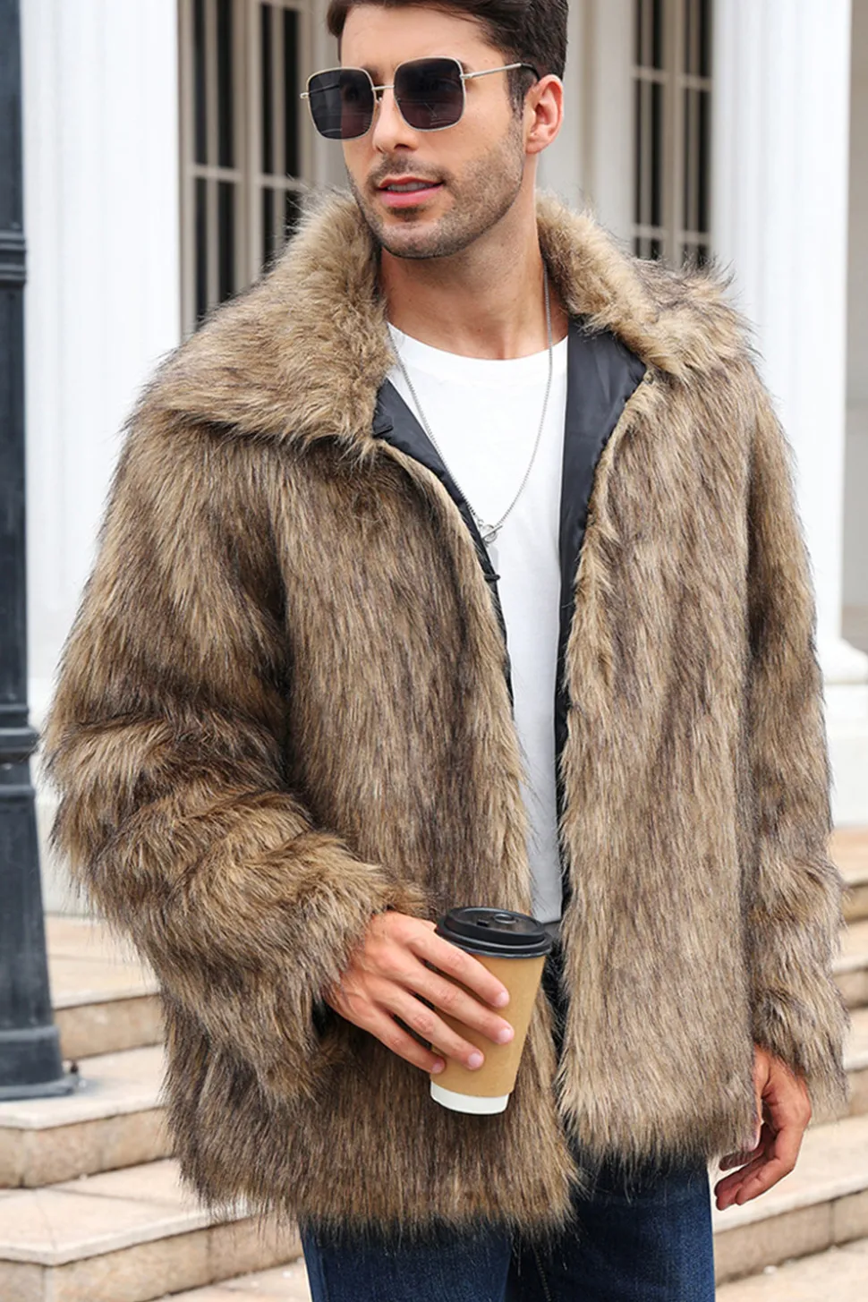 Preto Fofo Faux Fur inverno Casaco Masculino