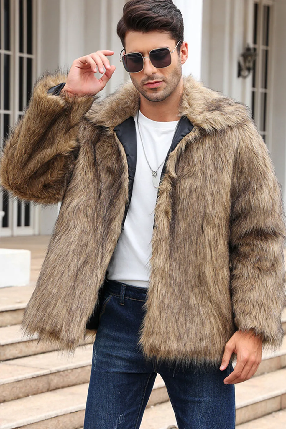 Preto Fofo Faux Fur inverno Casaco Masculino