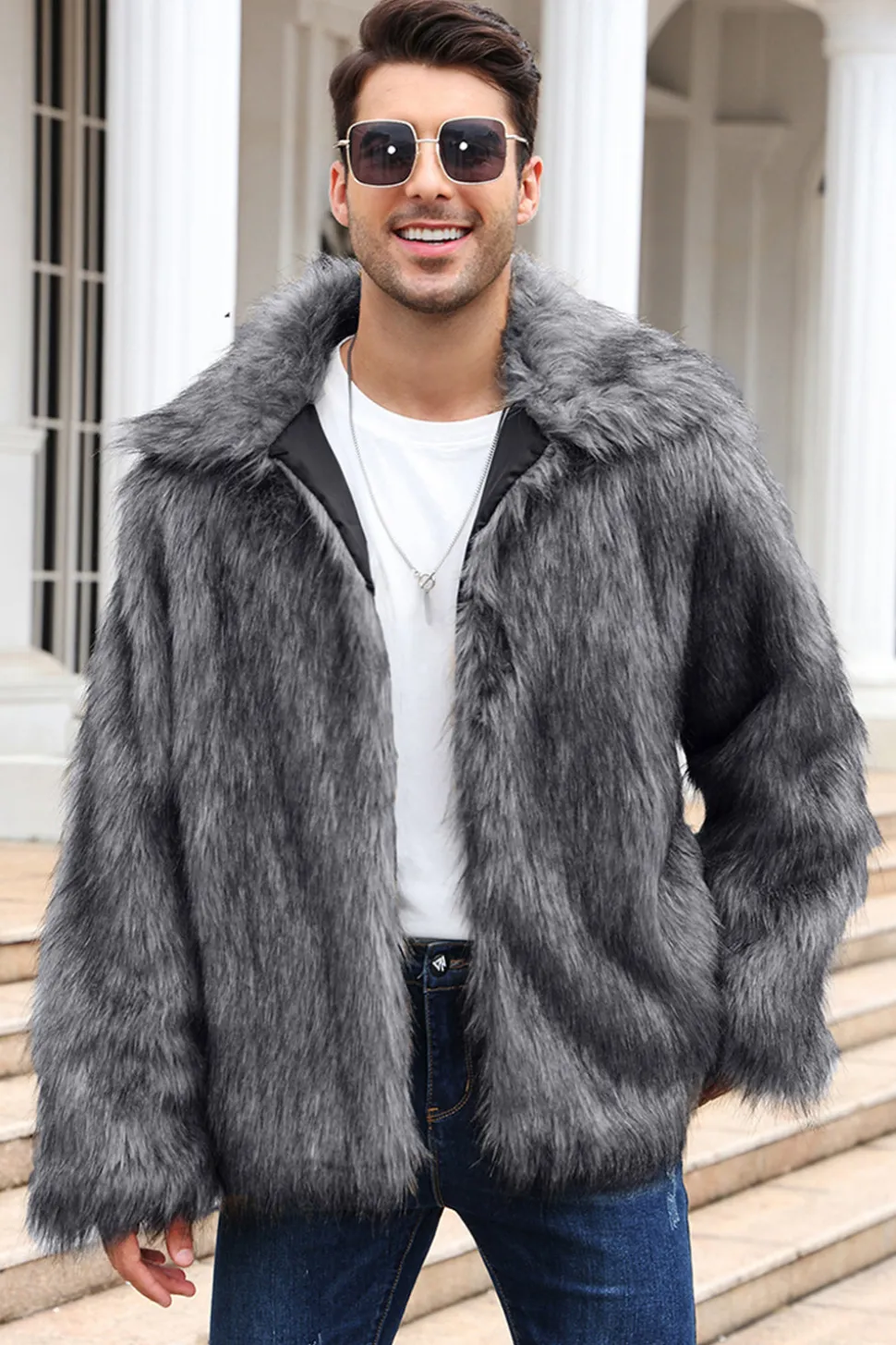 Preto Fofo Faux Fur inverno Casaco Masculino
