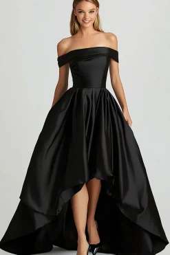 Preto Fora Do Ombro Cetim Assimétrico Vestido De Baile