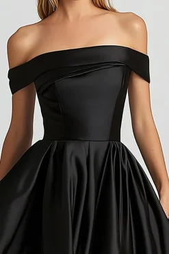 Preto Fora Do Ombro Cetim Assimétrico Vestido De Baile