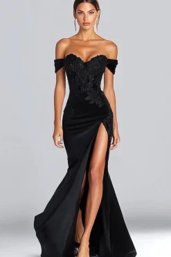 Preto Fora do Ombro Cetim Sereia Vestidos Cerimónia com Fenda