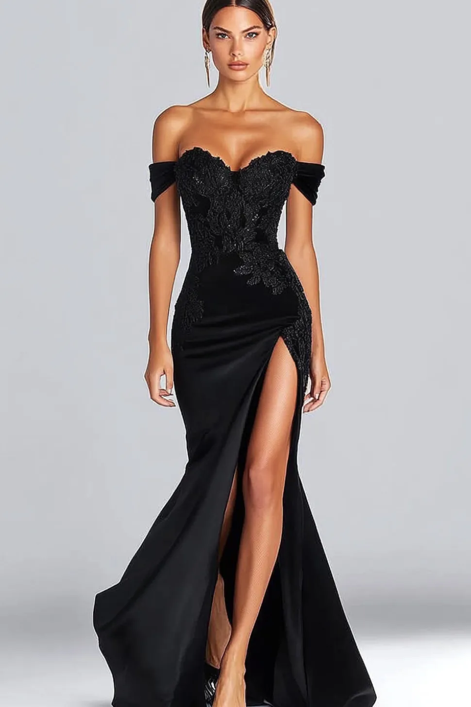 Preto Fora do Ombro Cetim Sereia Vestidos Cerimónia com Fenda