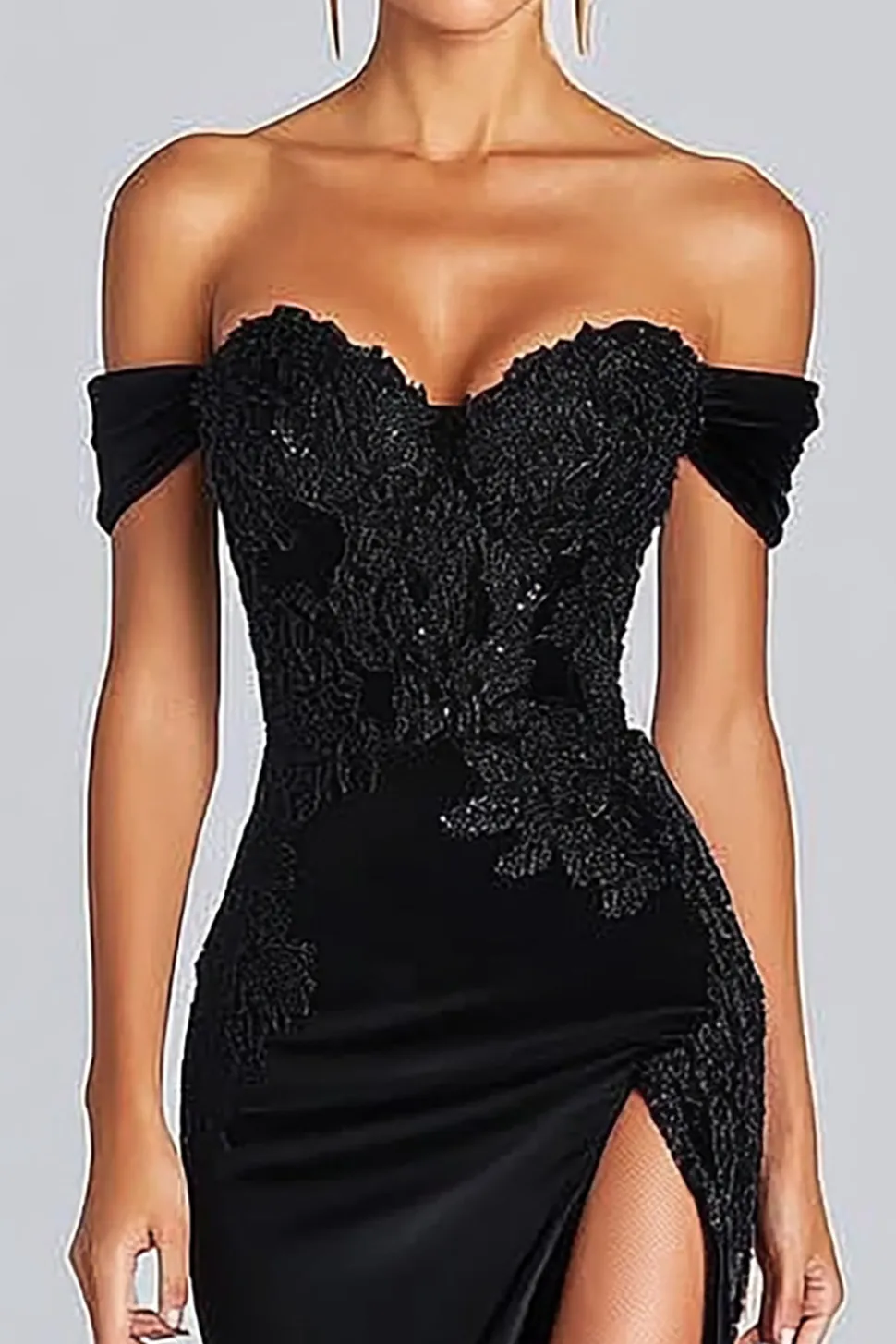 Preto Fora do Ombro Cetim Sereia Vestidos Cerimónia com Fenda