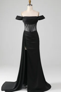Preto fora do ombro cetim espartilho sereia vestido de baile com fenda
