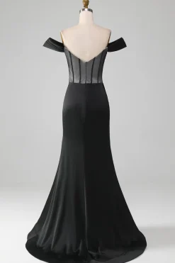 Preto fora do ombro cetim espartilho sereia vestido de baile com fenda