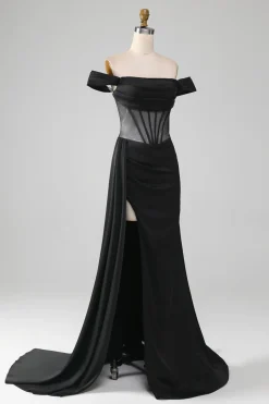 Preto fora do ombro cetim espartilho sereia vestido de baile com fenda