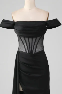 Preto fora do ombro cetim espartilho sereia vestido de baile com fenda
