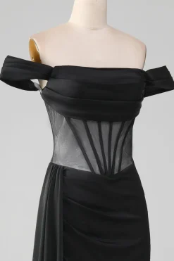 Preto fora do ombro cetim espartilho sereia vestido de baile com fenda