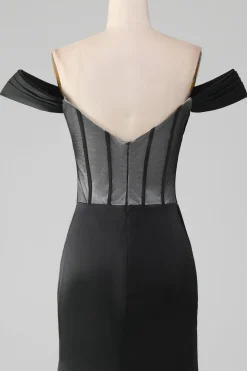 Preto fora do ombro cetim espartilho sereia vestido de baile com fenda