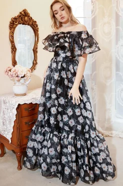 Preto Fora do Ombro Mais Tamanho Vestido de Noite